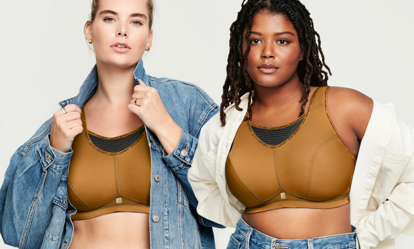 Woman in denim jacket wearing Carhartt x Glamorise bra